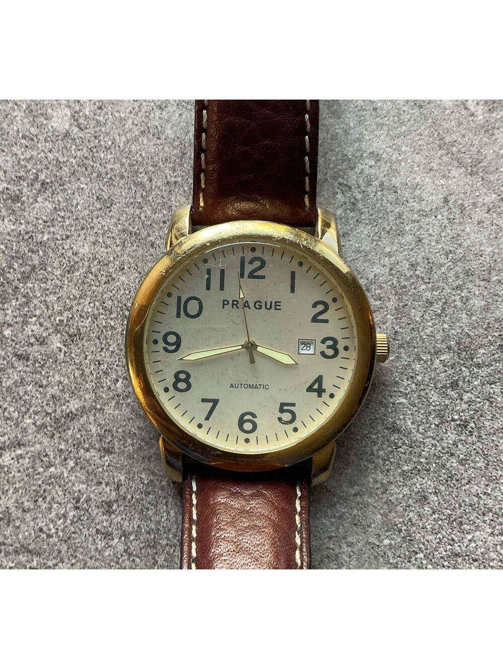 Prague Men’s Automatic Watch 26859YL 46mm Gold Tone Case Brown Leather Band A10